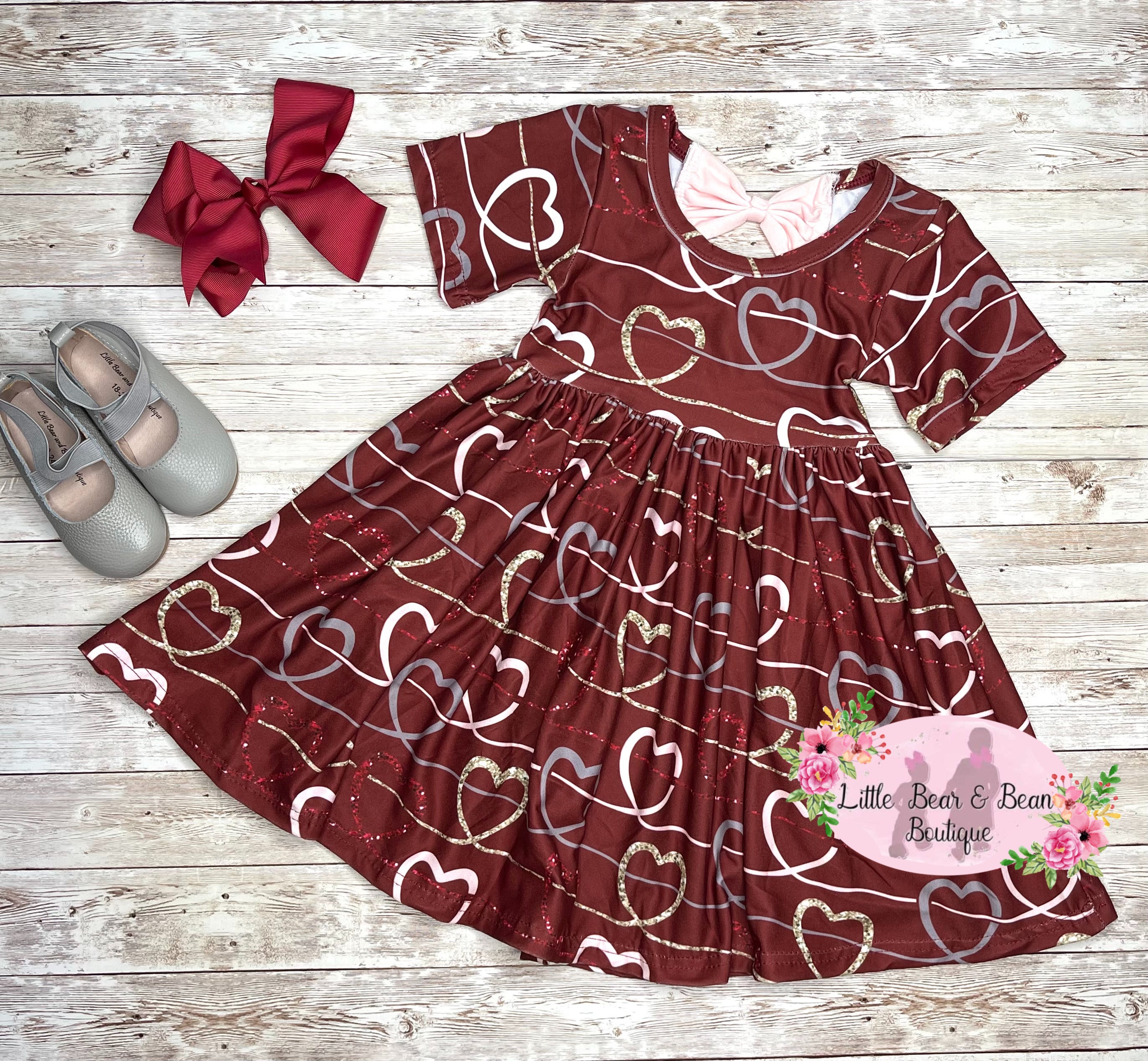 Maroon Scrolling Hearts Bow Back Dress