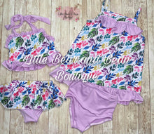 Load image into Gallery viewer, Lavender Floral Skirted Ruffle 2 Piece Swim Suit
