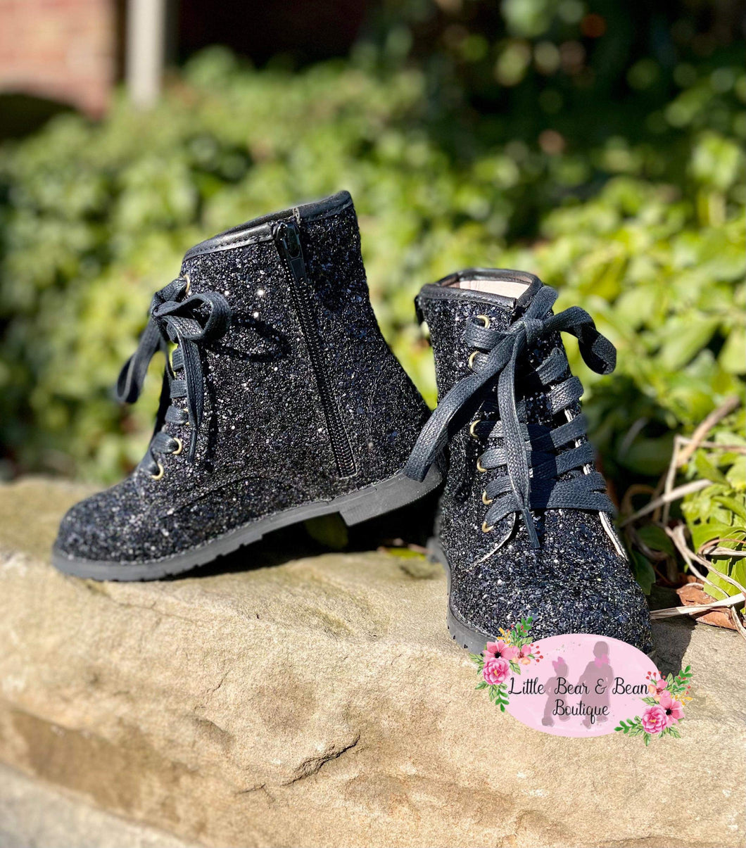 Black Glitter Combat Boots with Side Zipper