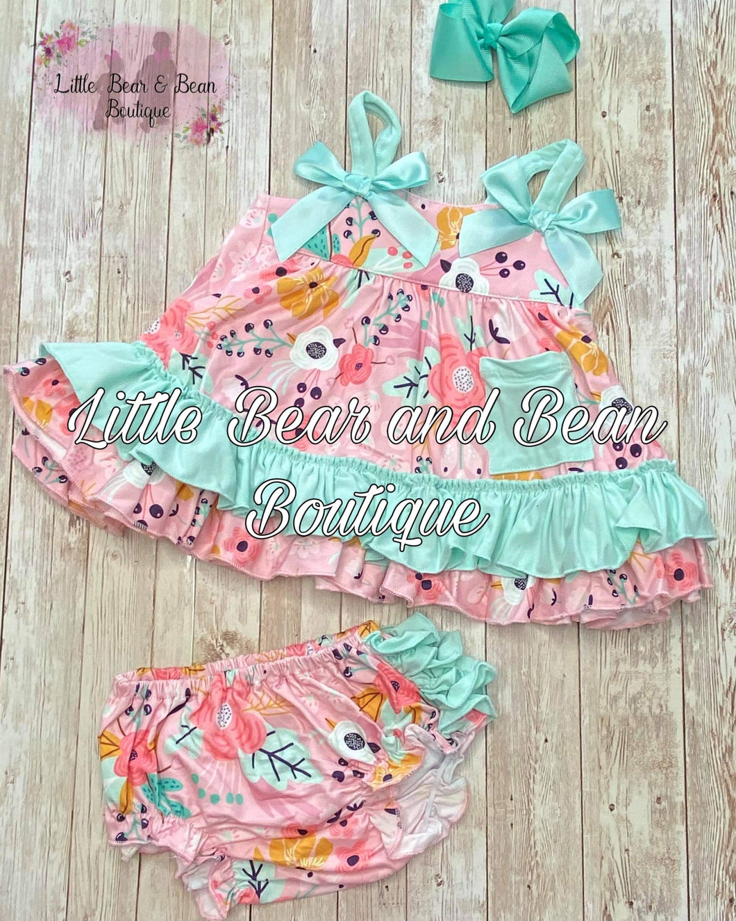 Mint and Pink Floral Ruffle Butt Set