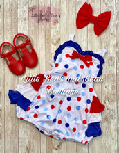 Load image into Gallery viewer, Red, White and Blue Polka Dot Ruffle Butt Romper
