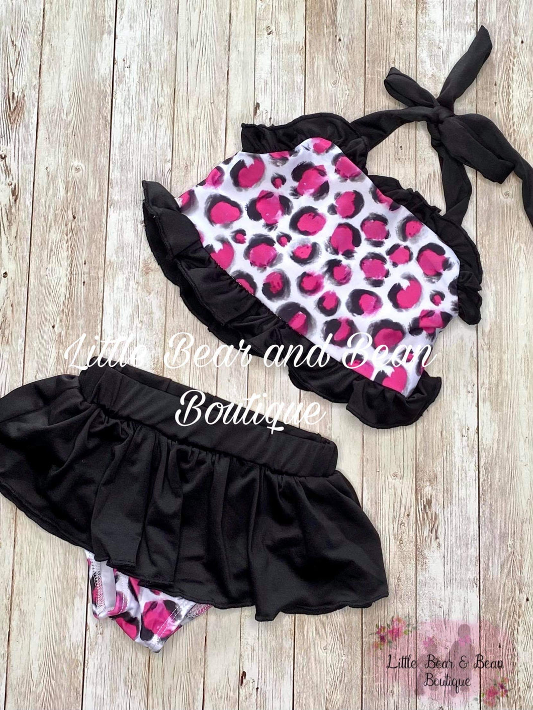 Pink Cheetah Skirted Ruffle 2 Piece Swim Suit