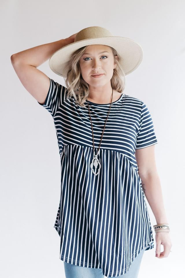Ladies Navy Striped Baby Doll Top