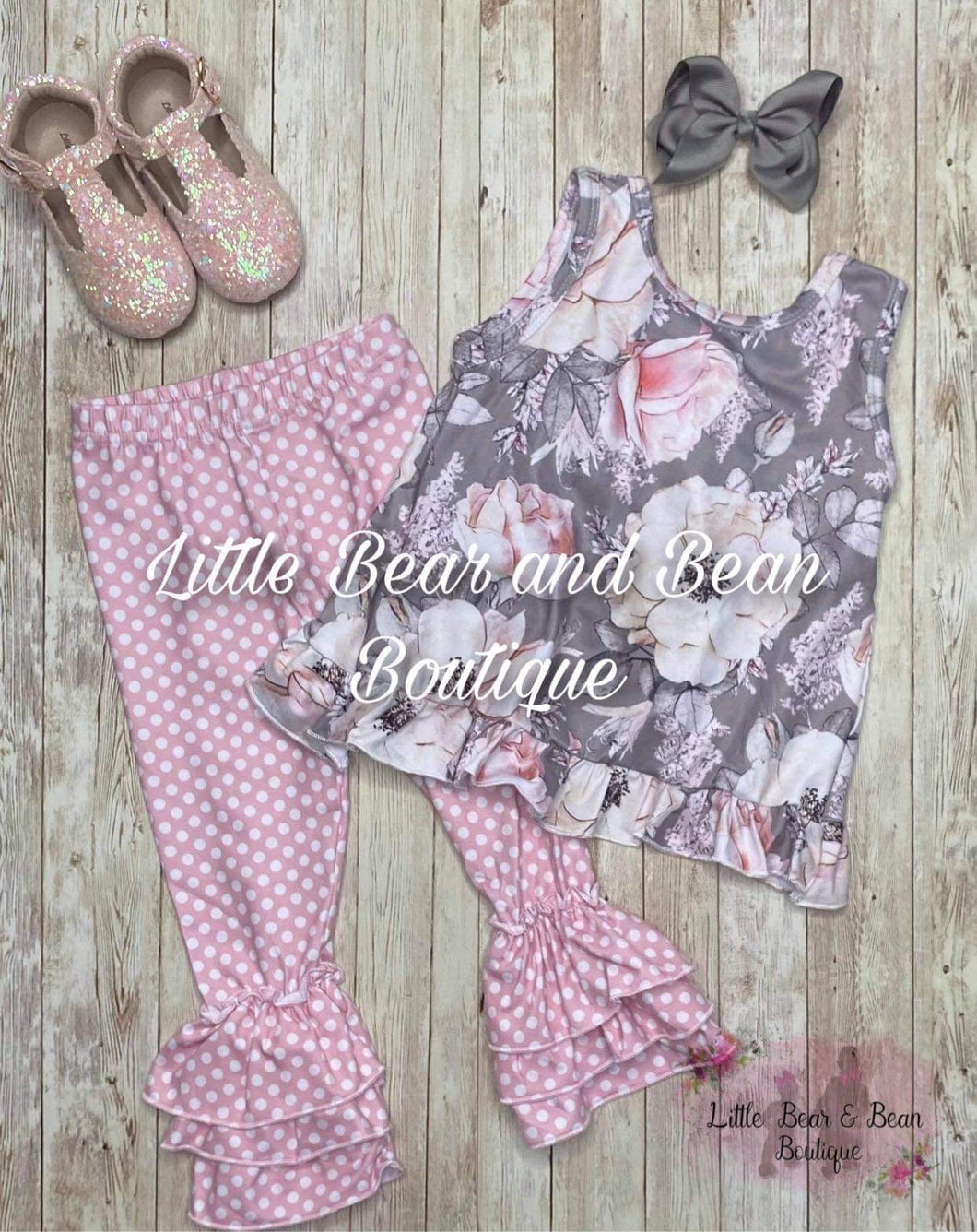 Gray and Mauve Floral Swing Top Ruffle Set