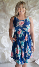 Load image into Gallery viewer, Ladies Sleeveless Blue Floral Dress with Pockets
