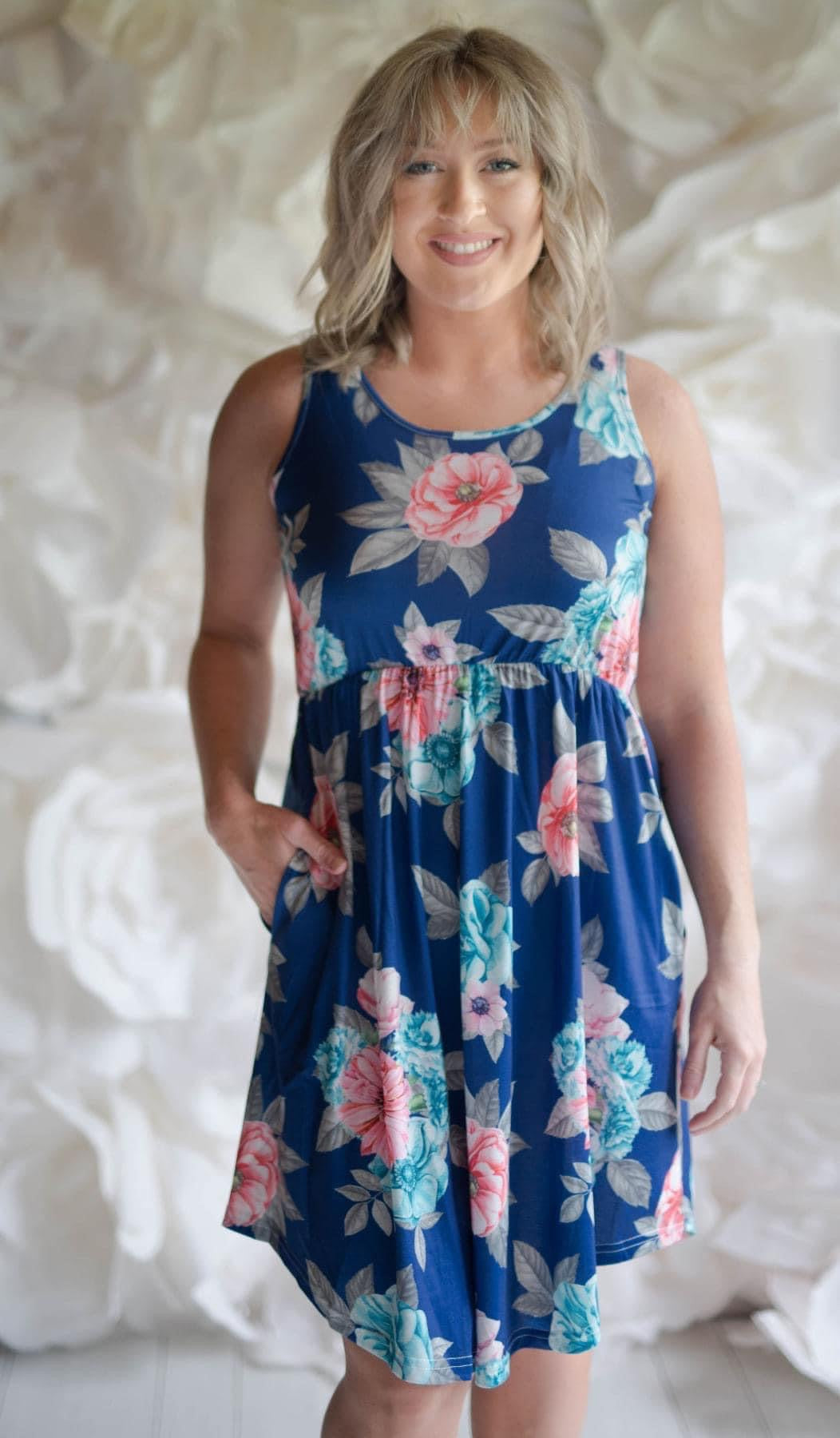 Ladies Sleeveless Blue Floral Dress with Pockets