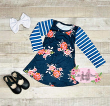 Load image into Gallery viewer, Long Sleeve Navy/Floral Stripe Dress
