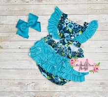 Load image into Gallery viewer, Teal Floral Ruffle Back Romper
