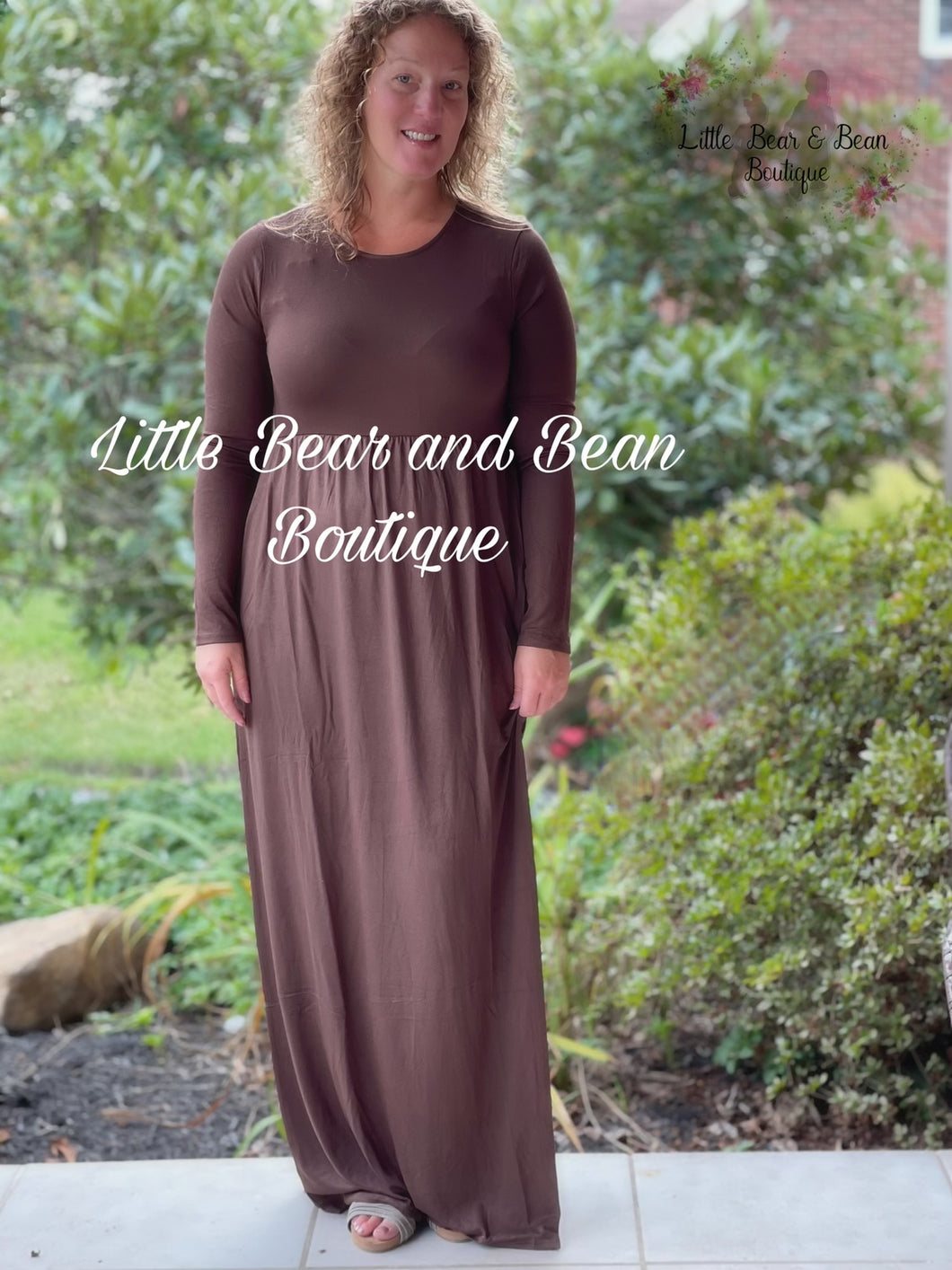 Ladies Zenana Luxe Long Sleeve Brown Maxi Dress