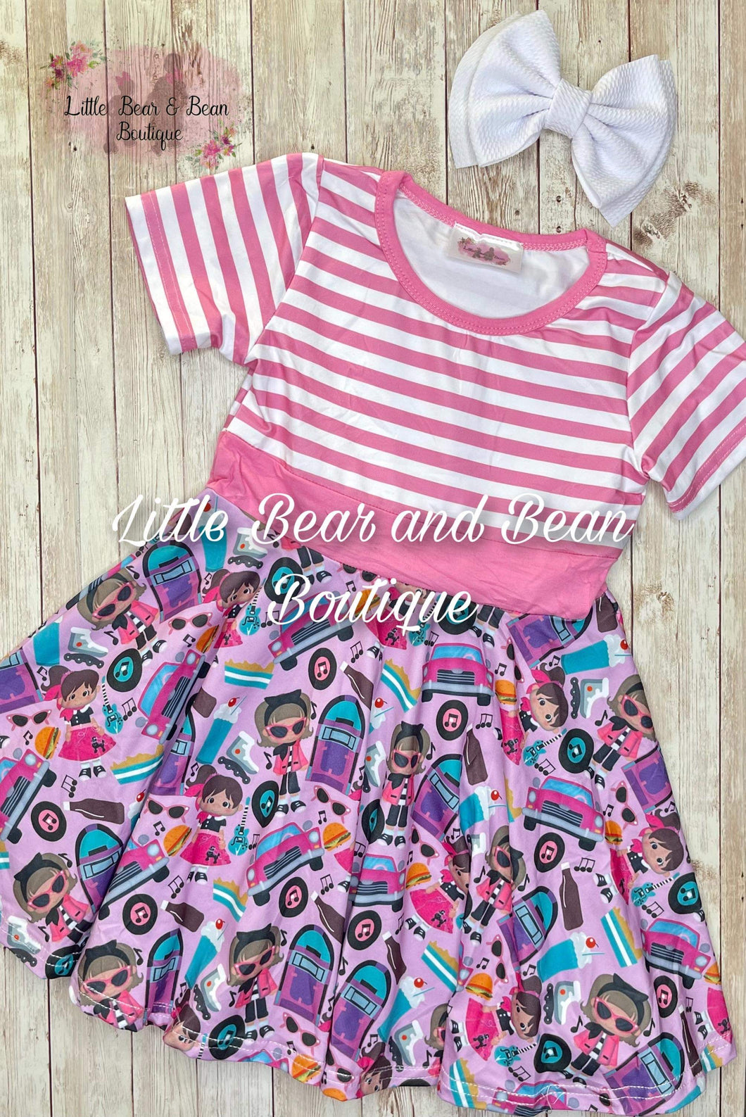 Pink and White Stripe Sock Hop Twirl dress (Quarter Length Sleeves)