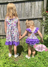 Load image into Gallery viewer, Purple Floral Ruffle Butt Romper
