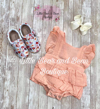 Load image into Gallery viewer, Peach Linen Ruffle Romper
