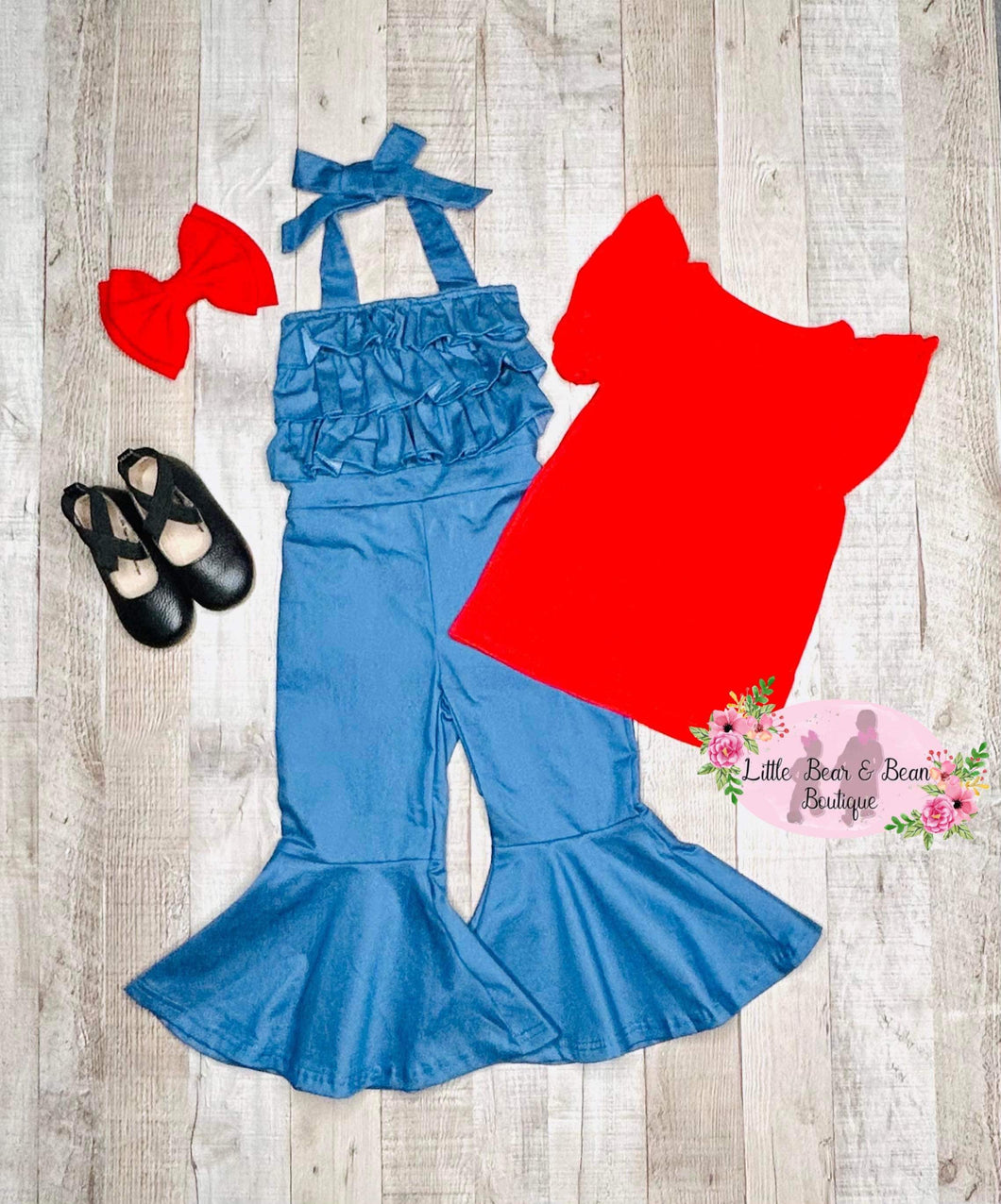 Ruffle Halter Overalls and Red Top