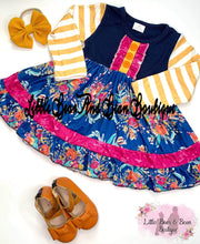 Load image into Gallery viewer, Navy and Mustard Floral Striped Dress
